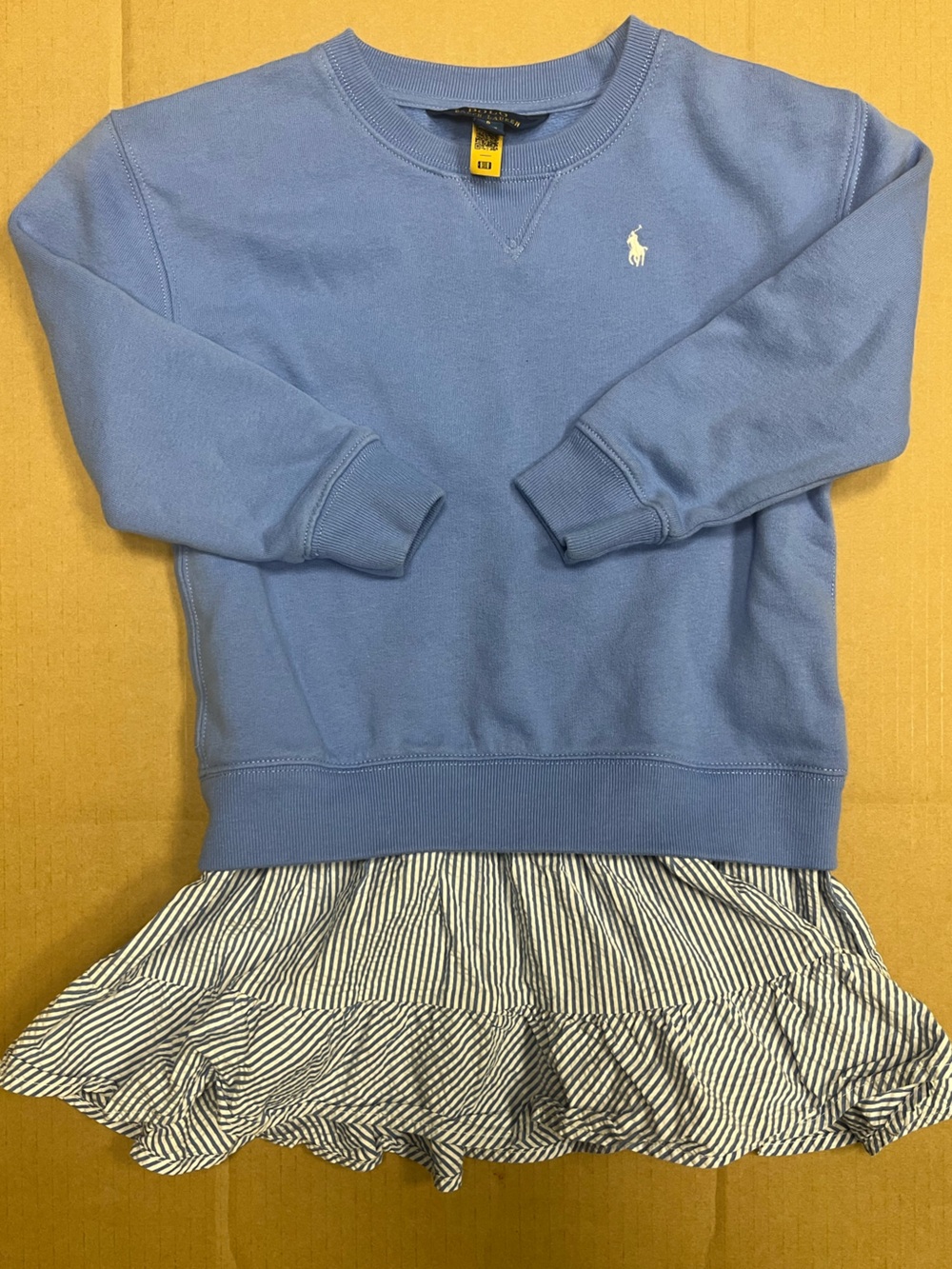Polo Ralph Lauren Girls Blue Crewneck Sweatshirt Dress with Striped Ruffle Hem